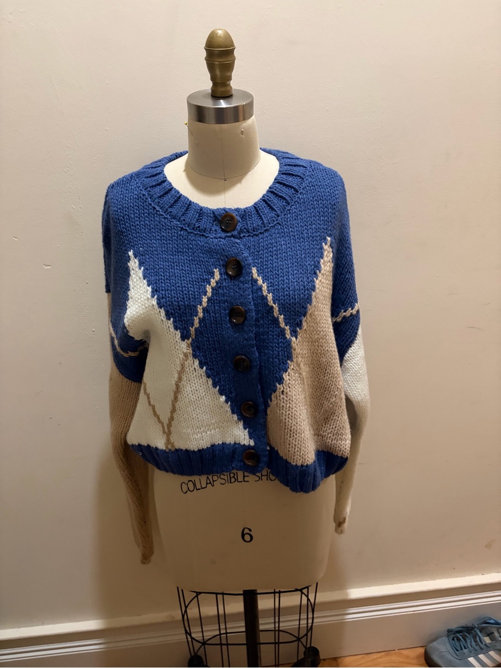APRICOT Blue, Cream and Tan Geometric Button-Front Cardigan